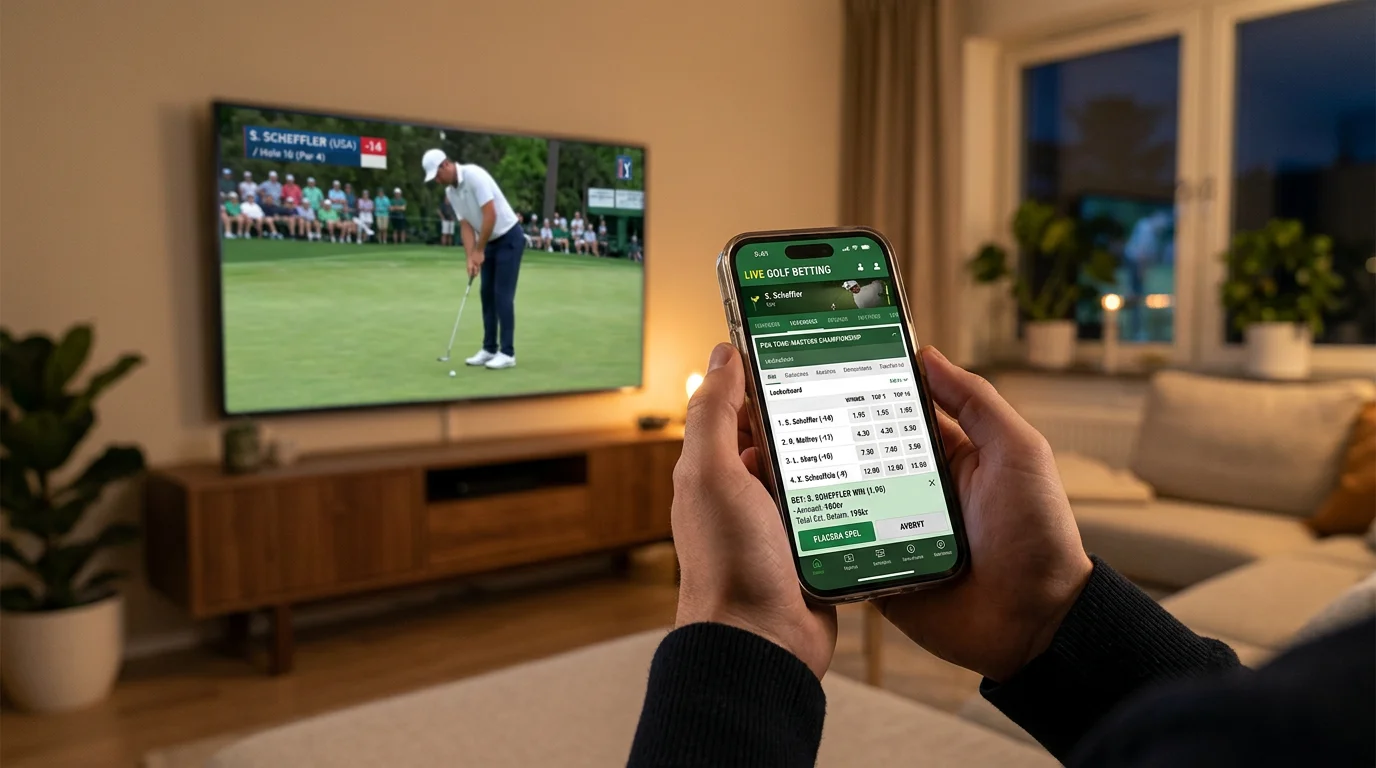 Mobiltelefon med golf-liveodds bredvid PGA Tour-sändning – global golfbettingmarknad