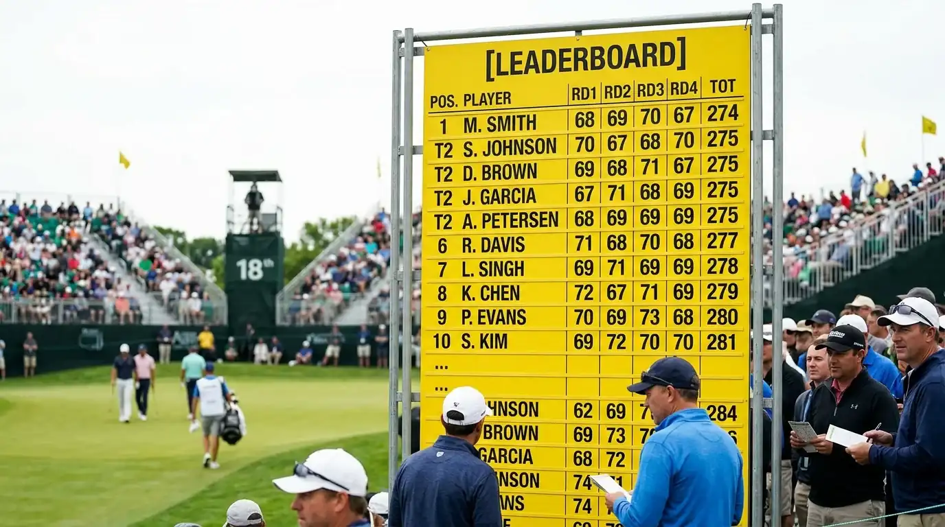 Golfturneringens leaderboard med spelare som delar placering – dead heat vid top-finish
