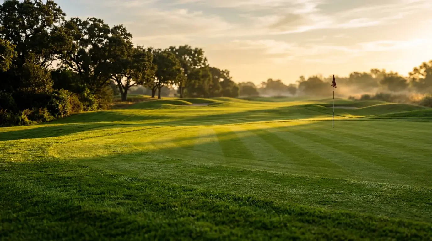 Golfbana i solnedgång med fairway och greener – open golf betting guide 2026